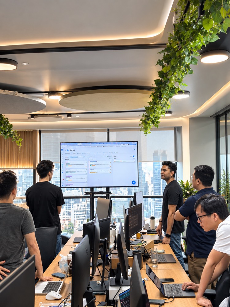 The team gathered around a sprint board on a big screen, with the city skyline behind